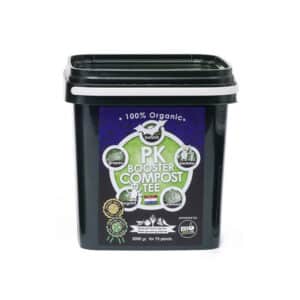 Schwarzer Behälter mit 100% organic PK booster compost tea EliteGrower