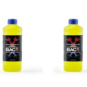 Zwei gelbe BAC Coco Bloom Nährstoffflaschen mit blauen Deckeln, EliteGrower